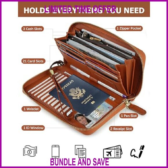 Large Travel Wallet RFID Zipper Passport Holder Clutch with Wristlet - Picture 5 of 8